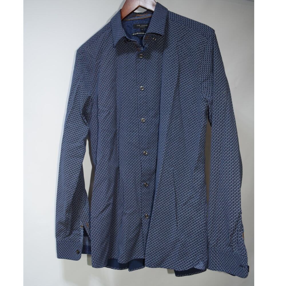 Ted Baker London Blue Geometric Print Long Sleeve Shirt Men’s Size 4 Large